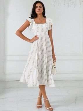 SHEIN White Midi Dress with Green Floral Print and Square Neck